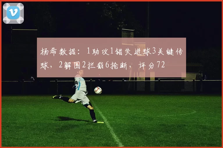 杨希数据：1助攻1错失进球3关键传球，2解围2拦截6抢断，评分72